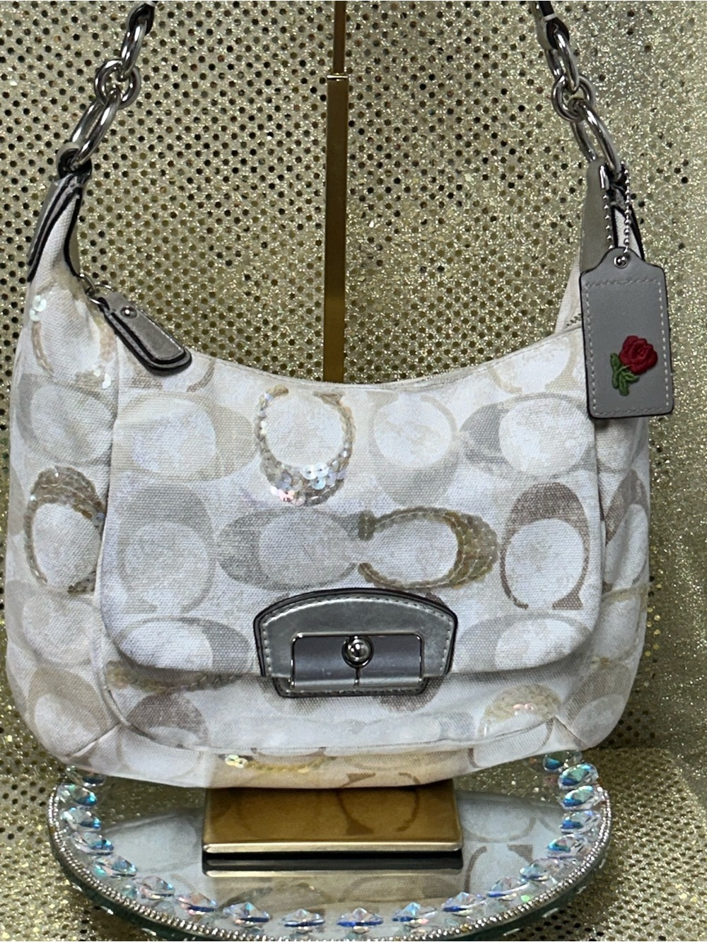 Coach Kristin Hobo Sequin Shoulder Bag with Silver Hardware Approx. 13 x 10